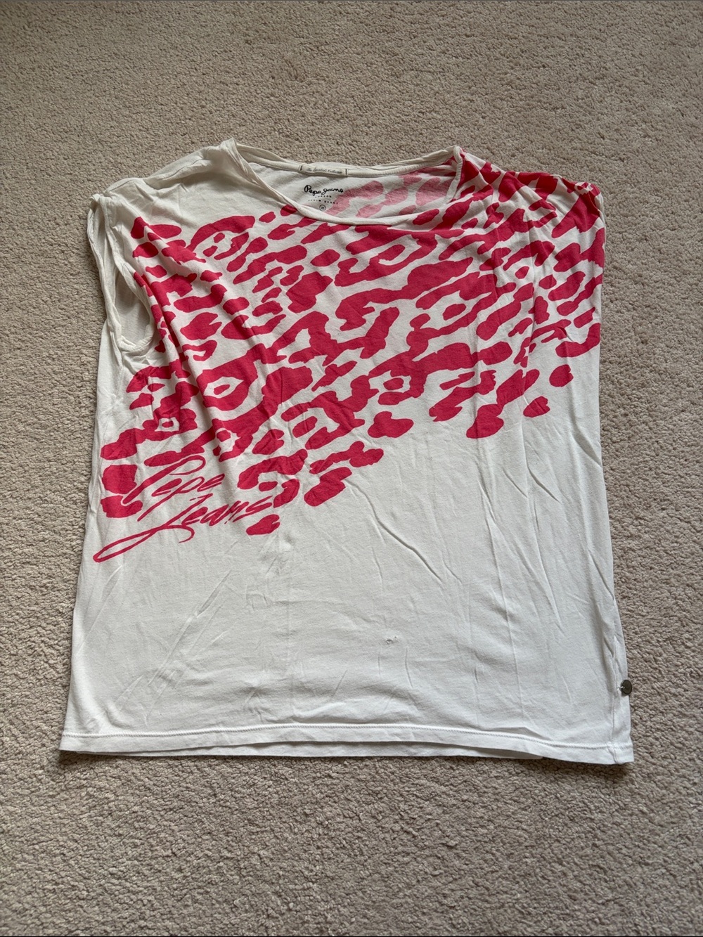 Pepe Jeans White Top with Pink Leopard Print Cap Sleeve